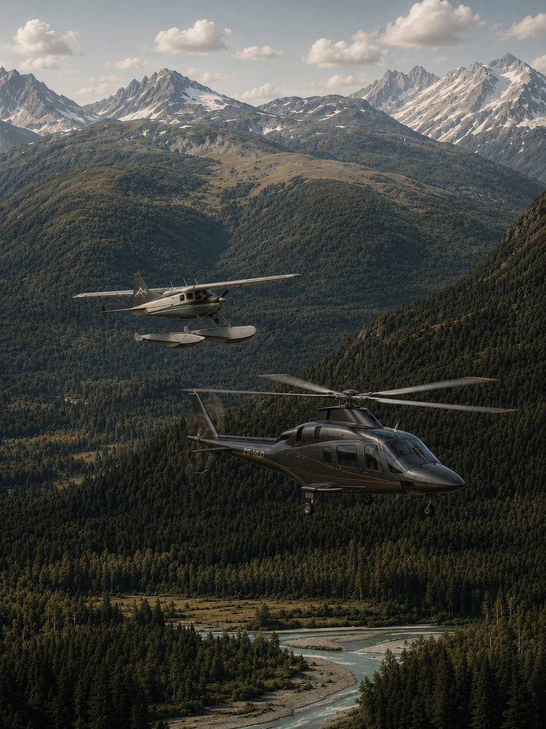 Floatplane flying low over a mountain valley